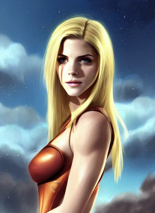 Image similar to portrait of a combination of Ashley Greene, Katheryn Winnick, Victoria Justice and Adriana Dxim, Grace Kelly, Emma Watson and Lily Collins with blonde hair wearing Samus' Armor from Metroid Prime, countryside, calm, fantasy character portrait, dynamic pose, above view, sunny day, thunder clouds in the sky, artwork by Jeremy Lipkin and Giuseppe Dangelico Pino and Michael Garmash and Rob Rey and Greg Manchess and Huang Guangjian, very coherent asymmetrical artwork, sharp edges, perfect face, simple form, 100mm