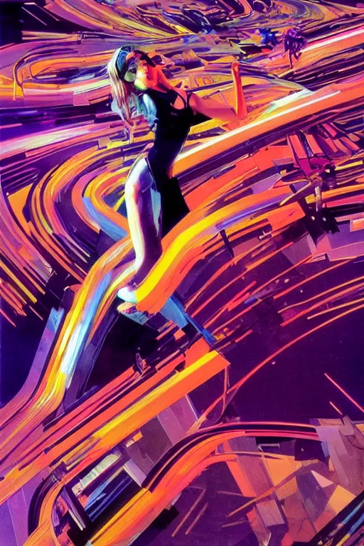 Image similar to wideangle action, a wild beautiful ballet techno dancer tangled in the tendrils of reality, madness, decoherence, synthwave, glitch!!, fractured reality, vortex, realistic, hyperdetailed, concept art, art by syd mead, cubism