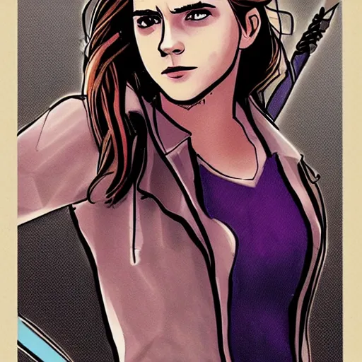 Prompt: comic book style art of Emma Watson as Kate Bishop Hawkeye