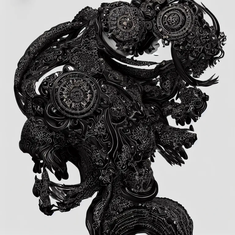 Image similar to black background. absolutely symmetrical sculpture. centered. goddess princess face close-up portrait ram skull. sculpture made of gold and black charcoal. jellyfish phoenix head, nautilus, orchid, skull, betta fish, bioluminiscent creatures, intricate artwork by Tooth Wu and wlop and beeple. octane render, trending on artstation, greg rutkowski very coherent symmetrical artwork. cinematic, hyper realism, high detail, octane render, 8k