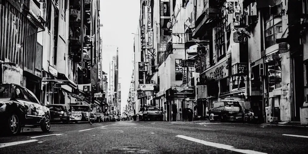 Prompt: city street, a person in center frame, future retro, cinematic, atmospheric, underexposed, long lens, cinematography by greig fraser