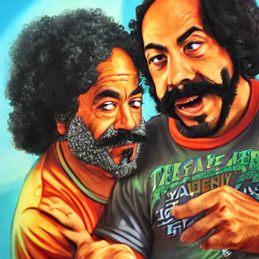 Prompt: portrait of cheech and chong, concept art, highly detailed, up in smoke, cinematic smoke background,