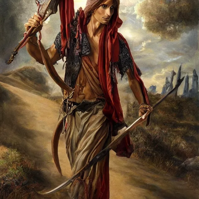 Prompt: highly detailed realistic painting of lanky disheveled artist sorcerer holding scimitar in arabian surroundings