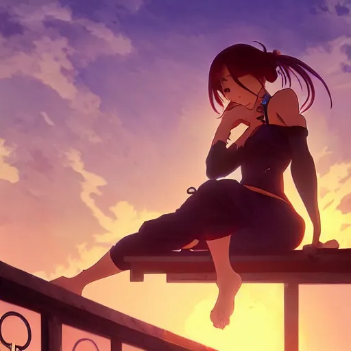 Image similar to anime in the style of arcane, beautiful gorgeous female shinobi sitting on an old oriental roof at sunset, wlop, alphonse mucha, greg rutkowski, ilya kuvshinov, sharp focus, backlit