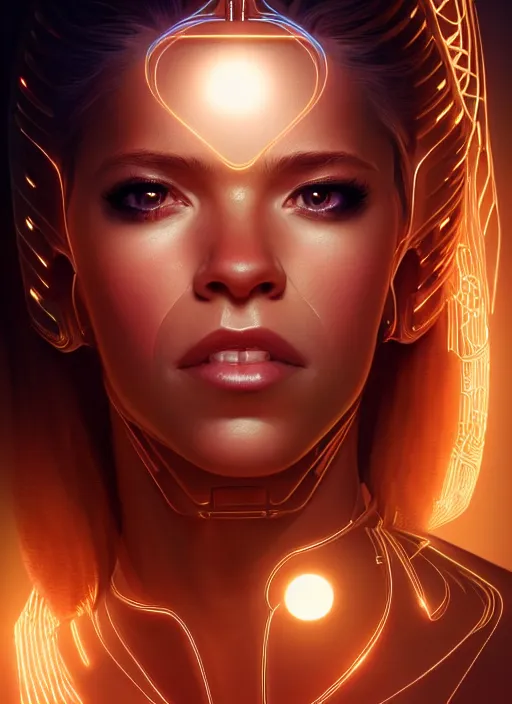 Image similar to portrait of female cyborg, shakira, intricate, elegant, glowing lines of light, highly detailed, digital painting, artstation, glamor pose, concept art, smooth, sharp focus, illustration, epic angle, art by artgerm and greg rutkowski, artey freytag