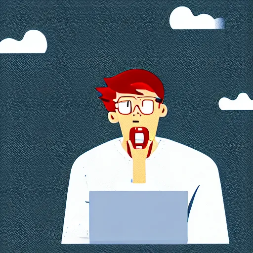 Image similar to a software developer is looking at his computer. he is alone. he is very mad because his colleague did a mistake and he has to fix it. he is very frustrated and screaming. A cloud if steam is coming out of his hears. Fire in the background. digital art