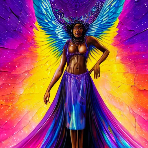 Prompt: isis depicted as a black woman with large iridescent wings in front of a crystal pyramid by Aliza Razell, lisa frank, and android jones, oil on canva