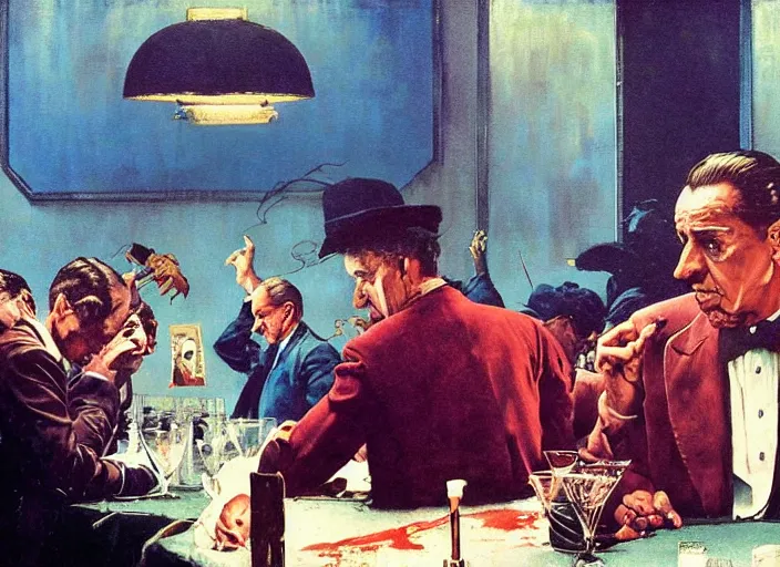 Image similar to a still from the movie godfather by of francis bacon and norman rockwell and james jean, a still from avenger : endgame, mark brooks, triadic color scheme, by greg rutkowski, syd mead and edward hopper and norman rockwell and beksinski, dark surrealism, orange and turquoise and purple