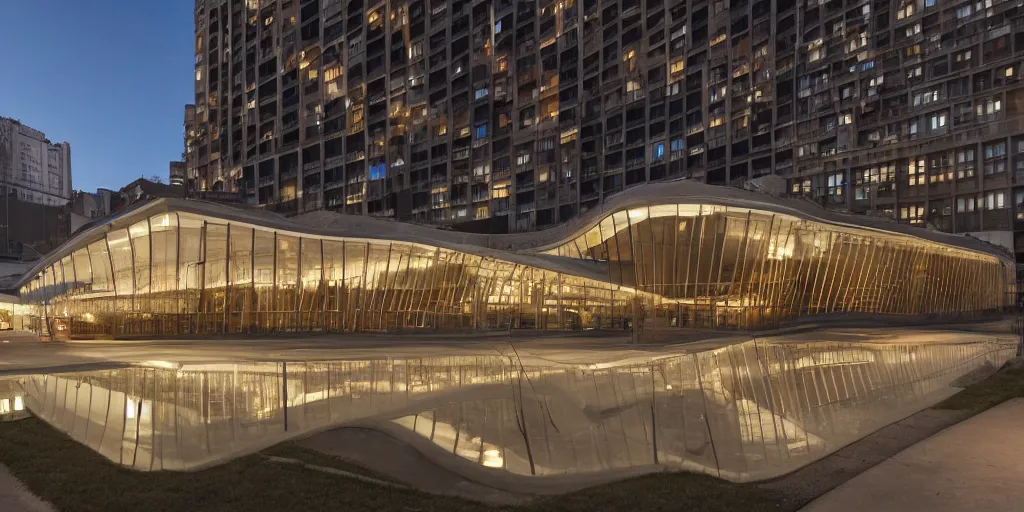 Prompt: wide angle photo of futurist building inspired by a fast 1 9 2 0 locomotive. industrial revolution. formed concrete with copper inlay. late evening with reflective pool and glowing lights. bella hadid. highly reflective and shiny. frank loyde wright