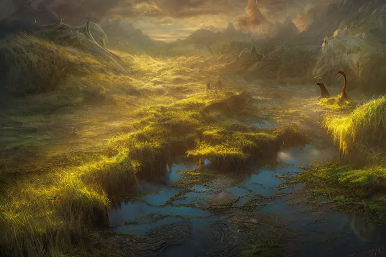 Prompt: aerial view, fantasy painting, dungeons and dragons, a faerie village hovels, swamp reeds wetland marsh sunset estuary, with ominous shadows, an egret by jessica rossier and brian froud cinematic painting
