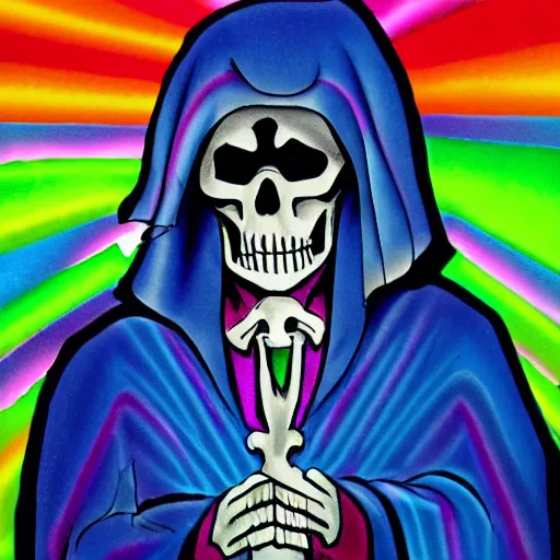 Prompt: the grim reaper wearing joseph's fantastic technicolor dreamcoat