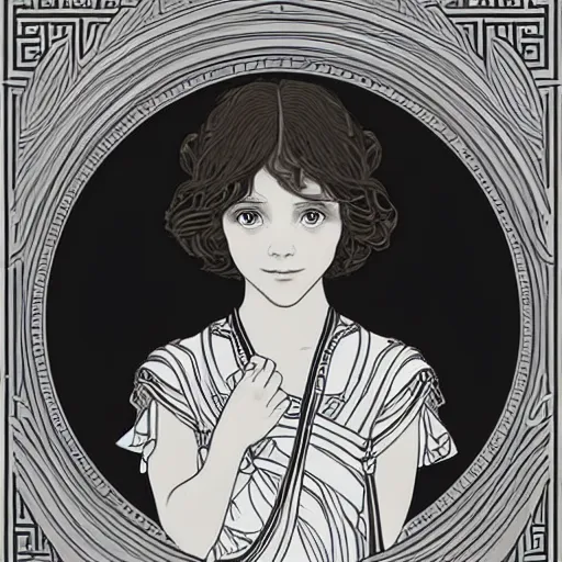 Prompt: clean simple line art of a little girl with short wavy curly light brown hair and blue eyes, a space empress in byzantine style. no background. well composed, clean, black and white, beautiful detailed face line art by ilya kuvshinov and alphonse mucha