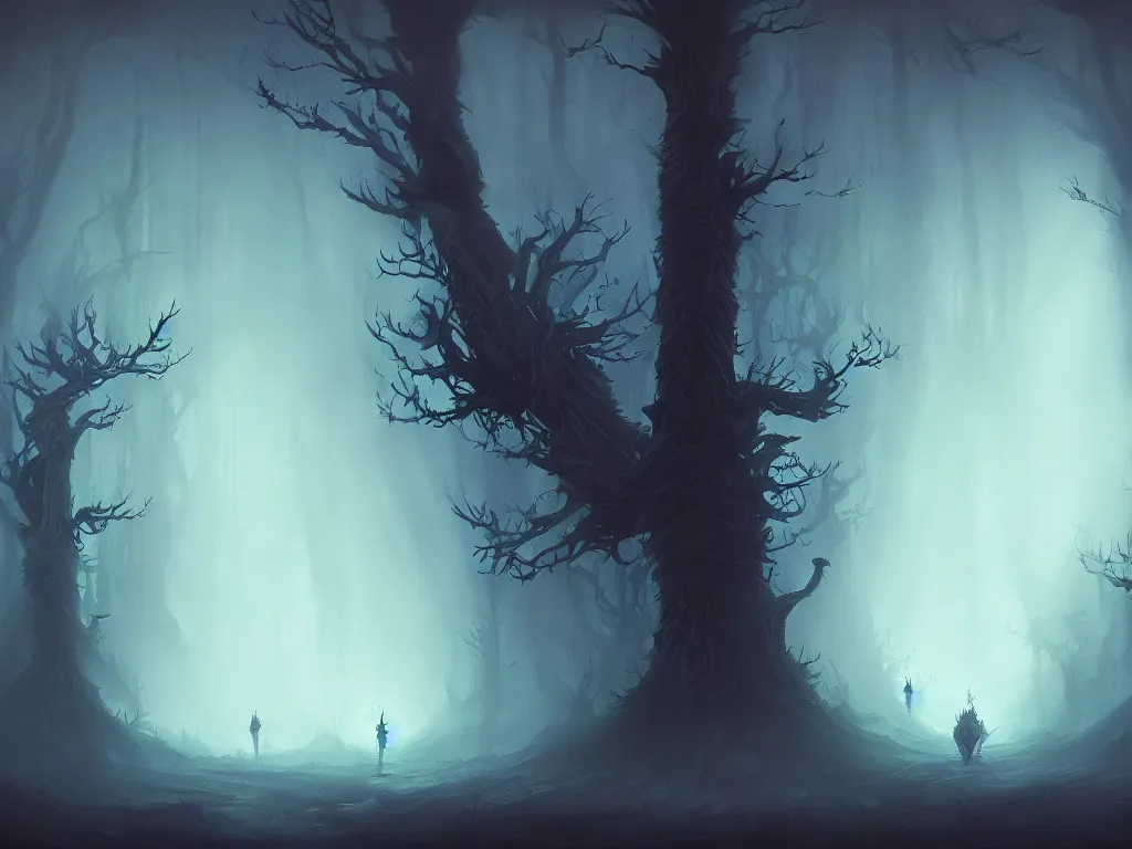 Image similar to fantasy haunted dark forest, foggy, detailed, digital art, a dark forest with adventurers surrounded by evil spirits that lurk in the shadows, by Anato Finnstark, artstation