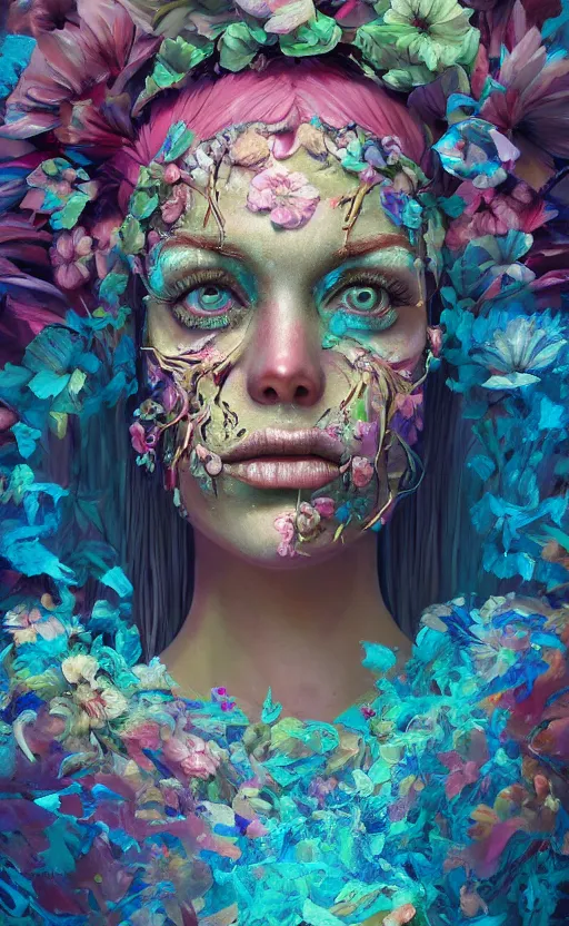 Image similar to a beautiful oil painting hyperrealism of a beautiful woman, skull makeup, flowers, floral headdress, 8 k resolution, octane render, trending on artstation, by gediminas pranckevicius, volumetric light 2 blue fractal thunder glow by dan mumford, anaglyph effect, laurie lipton