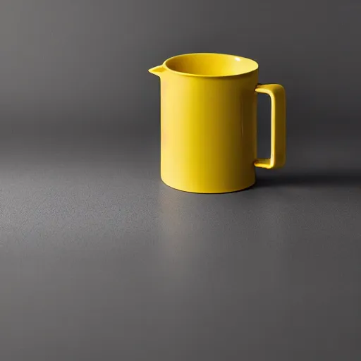 Image similar to yellow coffee mug is made of aluminium, steamy coffee on mug, mug looks similar to a rimowa portmanteau with handle