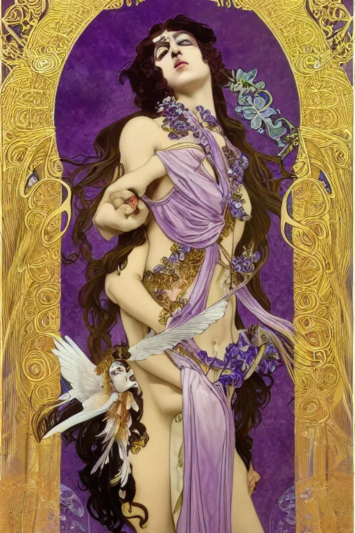 Image similar to thanatos, beautiful male god of death, closed eyes, long hair, wearing ornate silk and lace clothes, gold jewelry, moon, purple feathers, by Alphonse Mucha, by artgerm, rule of thirds, super detailed, 8k