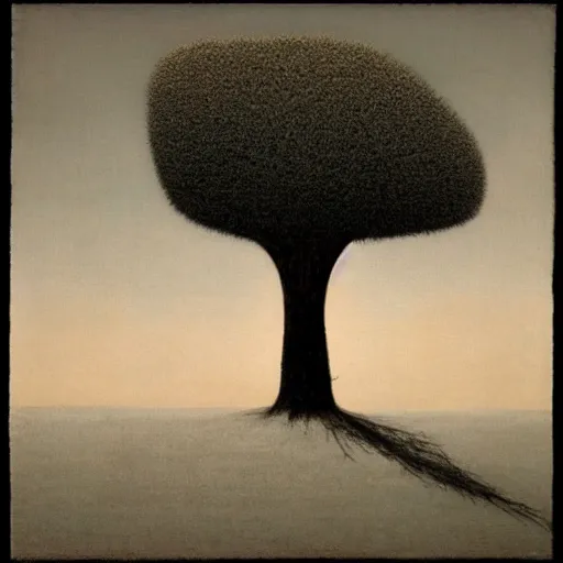 Prompt: a tree with a single leaf in the middle of the desert with a partially cloudy sky, drawn by zzislaw beksinski