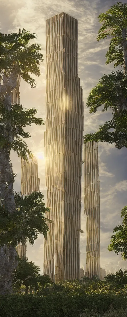 Image similar to photorealistic photo a contemporary babylon tower, golden details, sacred geometry architecture, cascading highrise, arid mountains with lush palm forest, sunlight, god rays, post - production, octane, cgi, sfx