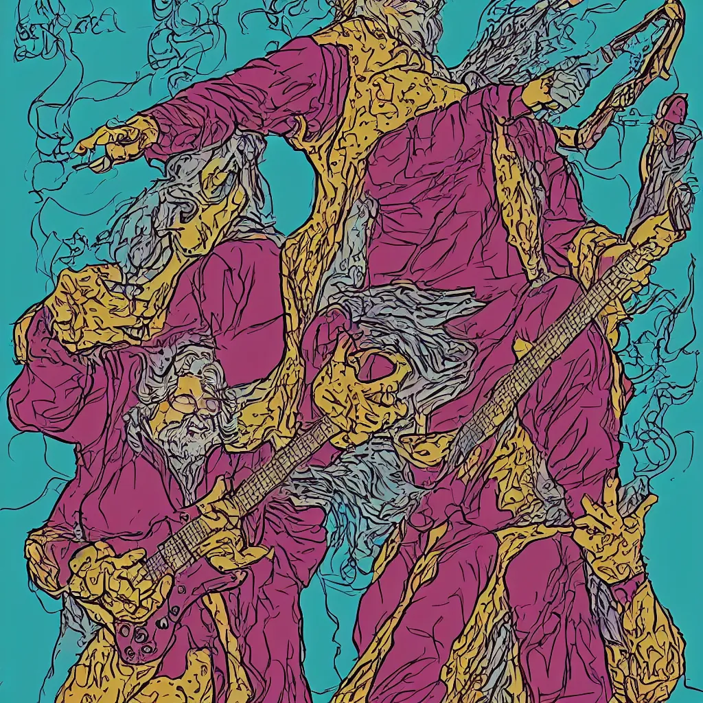 Image similar to jerry garcia in the style of moebius