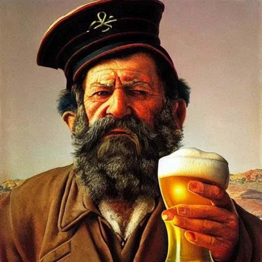 Prompt: painting of sailor hobo hyperrealism vasily vereshchagin with beer mug