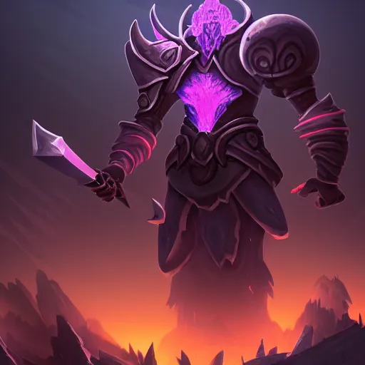 Image similar to Illustration of a Giant (Sentinal) holding the (blade) of the ruined king, digital art, (ruins), glow in the dark, (ethereal), the (void,) ominous, fear, very detailed, trending on artstation, high definition, by (Riot Games), League of legends