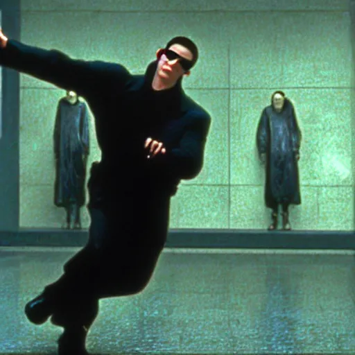 Prompt: film still of homer in the matrix ( 1 9 9 9 )