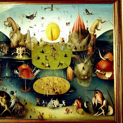 Image similar to a framed painting of a beautiful hieronymus bosch tropical landscape