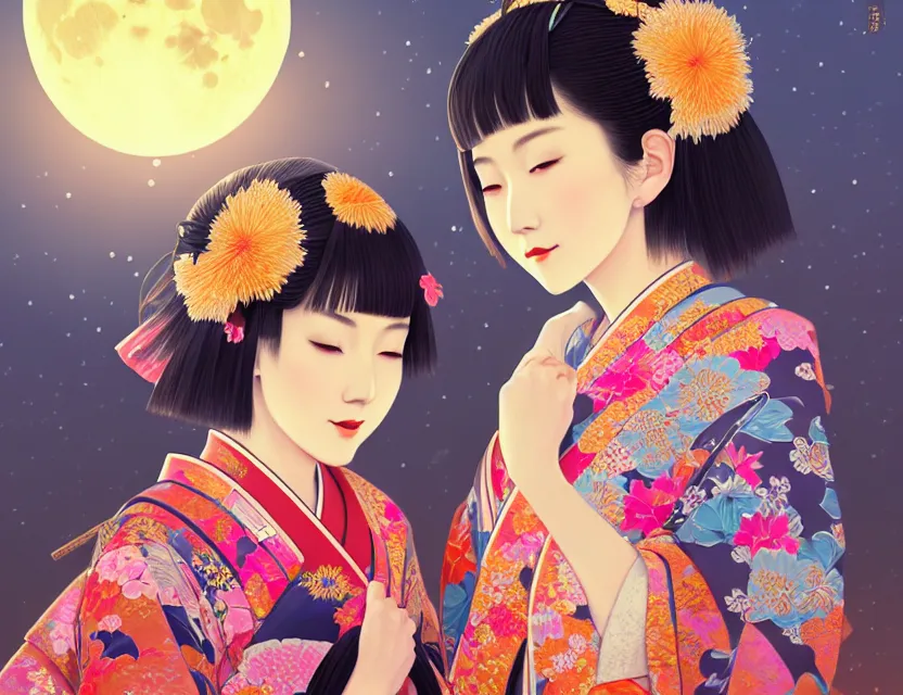 Image similar to two beautiful charming japan girls wear arty kimono in festival | | sunny night, full moon, dreamlike art, realistic shaded, smile, good looking, hyper details, 4 k realistic, cryengine, realistic shaded lighting poster by ilya kuvshinov, fuji choko, ross tran, 8 k resolution, trending on artstation, luxury