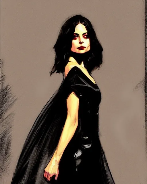 Prompt: style of rafael albuquerque, john singer sargent : : gorgeous willa holland : : evil witch, swirling black magic : : symmetrical face, symmetrical eyes : : full body pose : : gorgeous black hair : : magic lighting, low spacial lighting : :