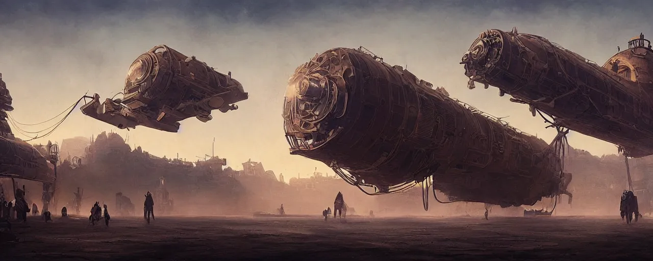 Prompt: Dark blue glowing desert with old steampunk airship as the subject, big and laying in the middle, barely functioning, it has attracted a crowd, very detailed concept art, matte painting, digital art, concept art, realistic beautiful, trending on Artstation, Greg Rutkowski