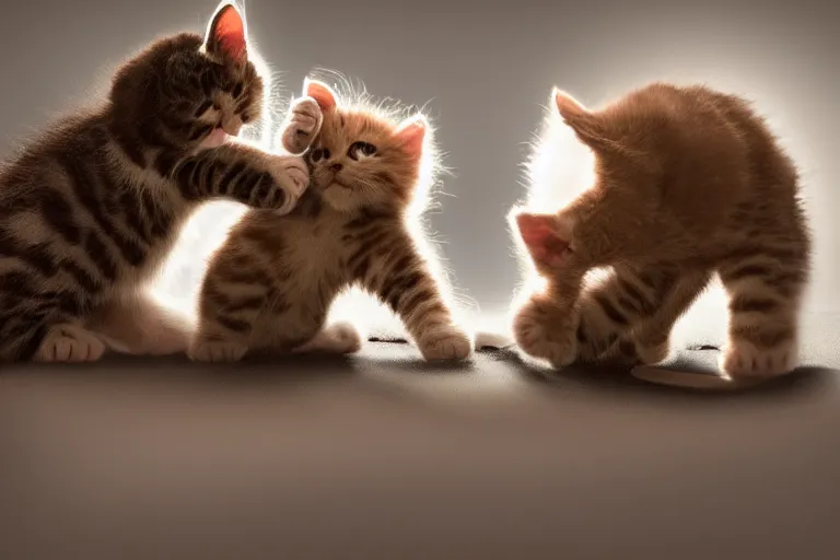 Prompt: A professional photo of two cute kittens play-fighting each other; cutest kittens ever; high-quality, dramatic lighting, extremely high detail, trending on artstation