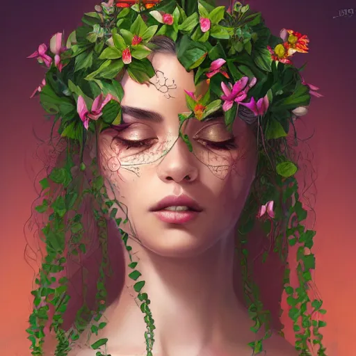 Prompt: A gorgeous young woman plant hybrid, vine and plants and flowers, intricate, digital painting, highly detailed, concept art, Artstation, Cgsociety, Artgerm