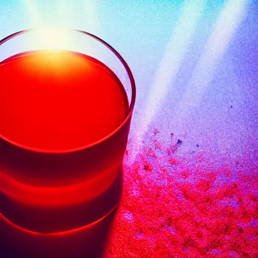Prompt: sunlight shining through a red healing potion, 4k photograph, neon red