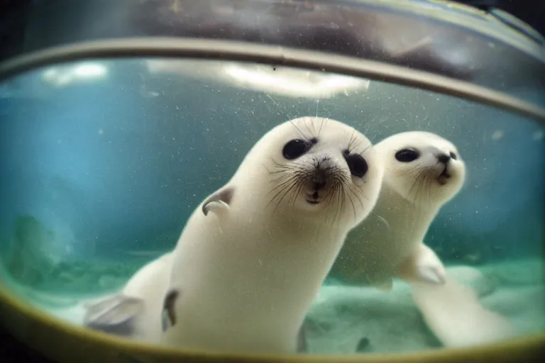 Prompt: “baby harp seals living in a terrarium, set in a mildly run down condo, 1996, photo, fish eye lens”