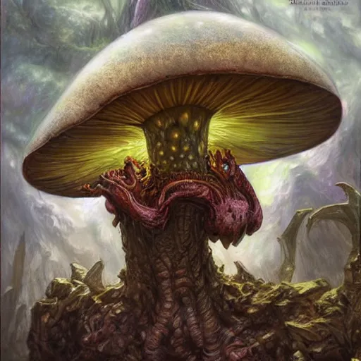 Prompt: Large humanoid mushroom monster as a fantasy D&D character, portrait art by Donato Giancola and James Gurney, digital art, trending on artstation