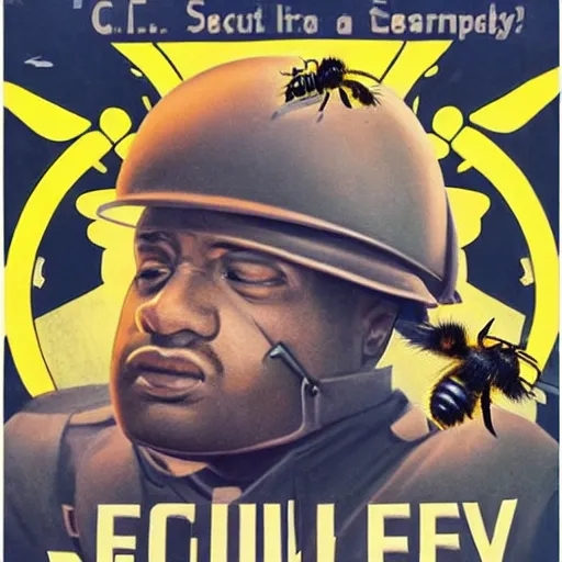 Image similar to + a security guard slumps sleeping at a computer + a swarm of bumblebees carries a weapon, highly detailed, ww 2 american propoganda poster, colorized