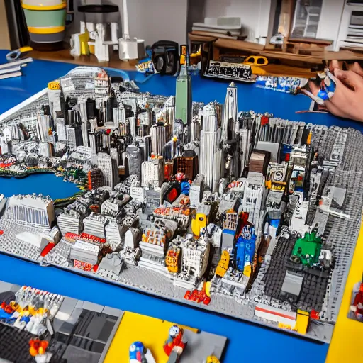 Prompt: detailed lego build of new york city on garage table, professional photo, professional lighting, HDR