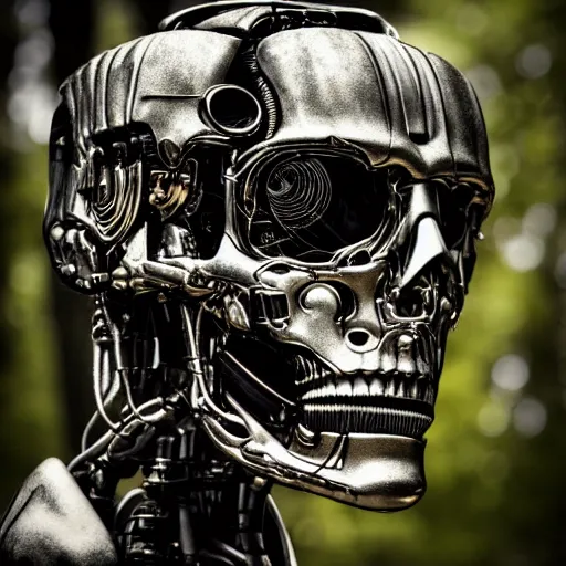 Image similar to super detailed portrait of a terminator's head, packed with cybernetics and and borg enhancements. In a forest with bokeh.