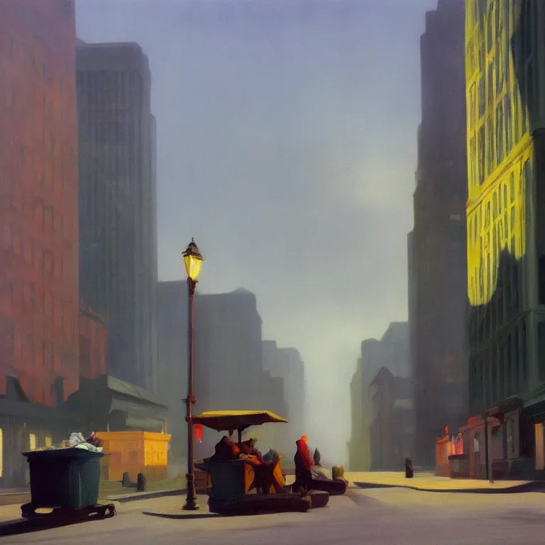 Image similar to streets filled with trash, city fog, early morning, , painted by Edward Hopper, painted by Wayne Barlow, airbrush