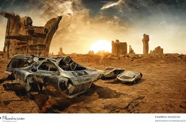 Prompt: intense sun desert landscape futuristic city ruins fallout post apocalyptic, car shell