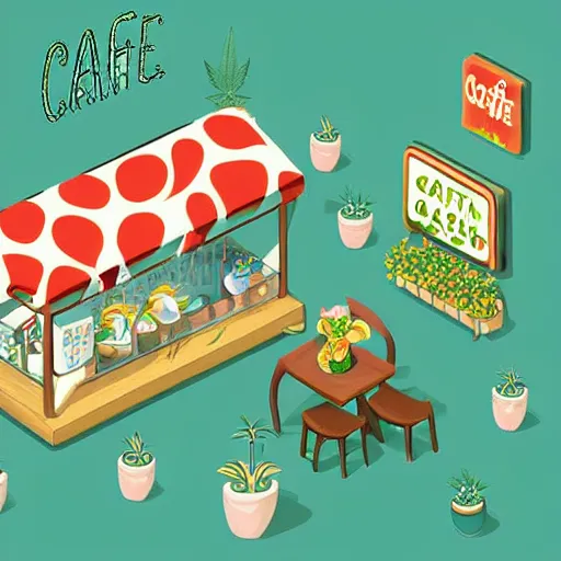 Prompt: isometric cute cartoon illustration style cafe australian, decorated with only cute detailed cannabis leaves in two ceramic pots, tables, utopian simple frontage, 2 cute characters, cute poster, beautiful composition pastel palette by will barnet, digital art, hyperrealistic soft, inked digital, render fun cartoon