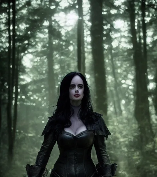 Prompt: 5 5 mm close up portrait photo of krysten ritter as yennefer of vengerberg in black leather armor and black hair, in a forest. magical atmosphere. art by greg rutkowski. lifelike. very detailed 8 k. intricate. soft light. nikon d 8 5 0.