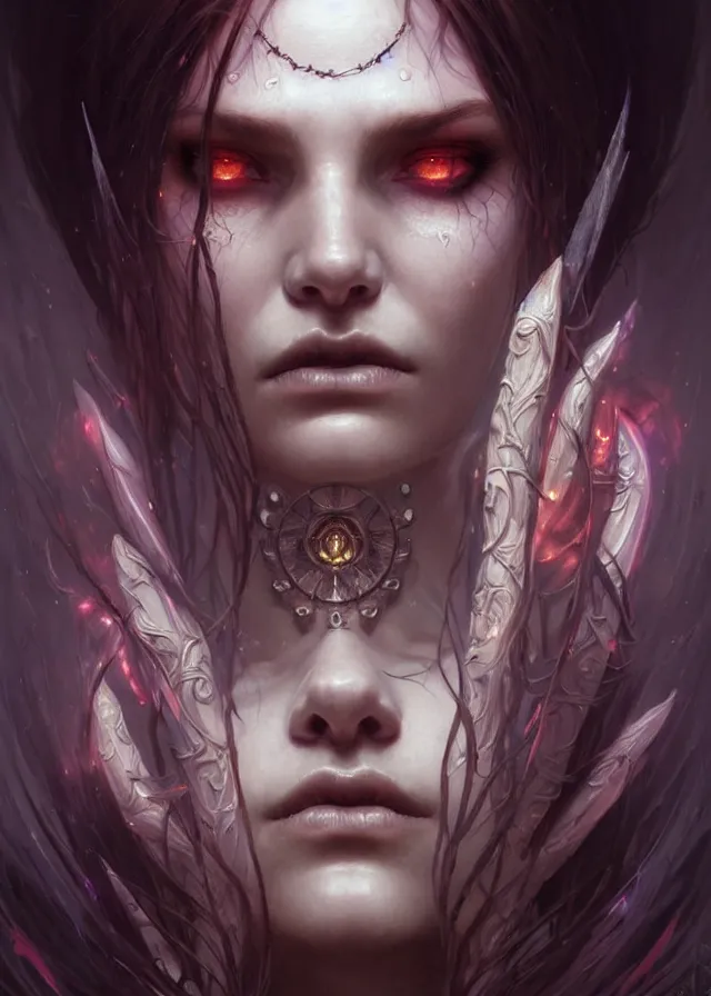 Image similar to Necromancer Sorceress face close-up macro in center, fantasy magic, undercut hairstyle, dark light night, intricate, elegant, sharp focus, illustration, highly detailed, digital painting, concept art, matte, art by WLOP and Artgerm and Greg Rutkowski and Alphonse Mucha, masterpiece