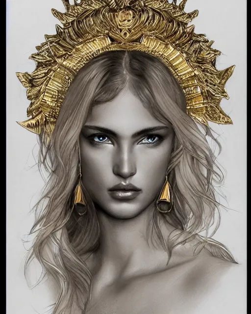 Prompt: front view of beautiful super model aphrodite greek goddess wearing a gold laurel wreath and triangle earrings, realism tattoo sketch, beautiful piercing eyes with sharp pupils, beautiful blonde hair, in the style of greg rutkowski, fantasy, amazing detail, epic, elegant, smooth, sharp focus