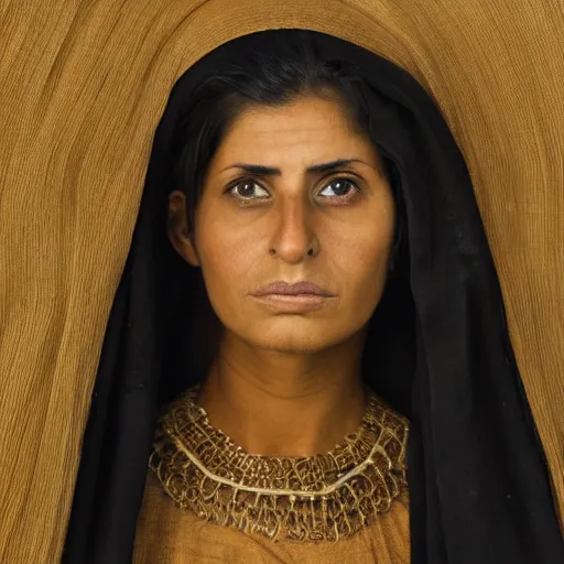 Image similar to intense portrait of 35 year old middle eastern skinned woman in ancient Canaanite clothing