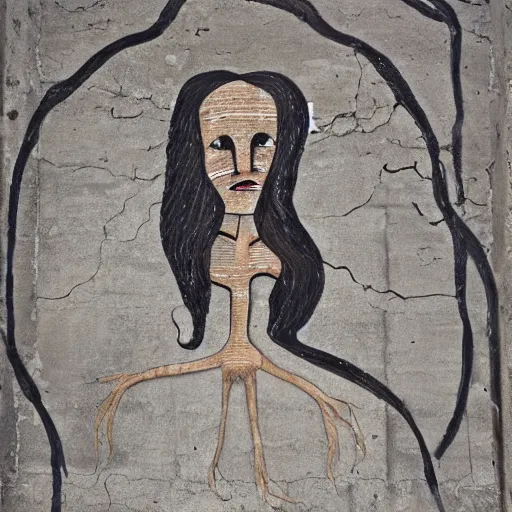 Image similar to a beautiful street art of a human - like creature with long, stringy hair. the figure has no eyes, only a mouth with long, sharp teeth. the creature is standing on a cliff overlooking a dark, foreboding sea. damascening inlay by squeak carnwath lifelike, unnerving