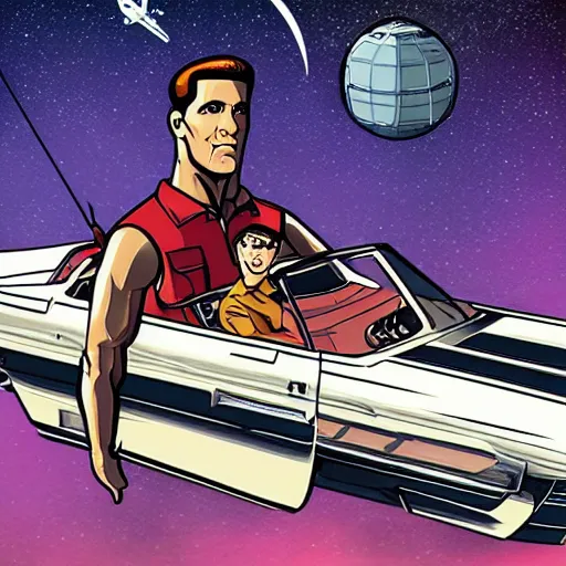 Image similar to archer from archer in space driving a cadillac