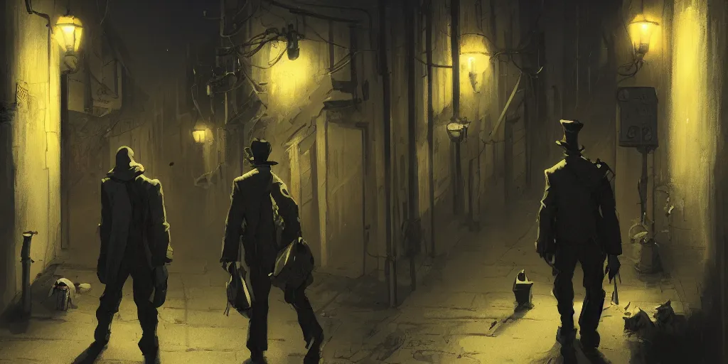 Image similar to kimble is talking with a jeff in a dark alley, warm color palette, night time, dramatic lighting, noir film, fine details, high contrast, blacksad, kim jung gi, greg rutkowski, trending on artstation, 8 k, ultra wide angle