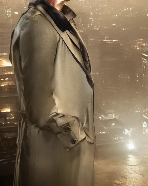 Image similar to a night rooftop scene, close up shot of a photorealistic gangster wearing a trench coat looking at the city below, unreal engine, hyper realism, realistic shading, cinematic composition, realistic render, octane render, detailed textures