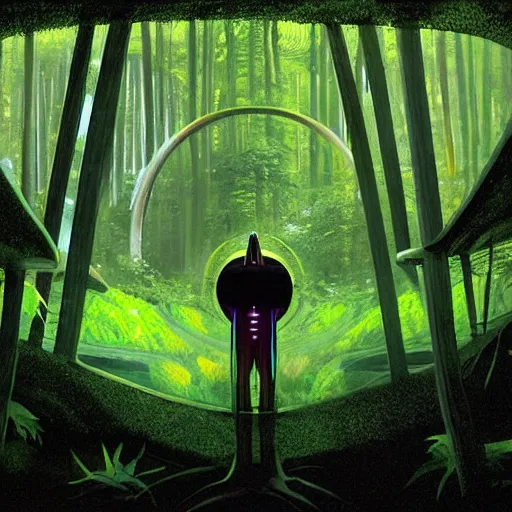 Image similar to portal in a middle of a lush futuristic forest, alien world seen through a portal, person in a cloak standing in front of a portal, syd mead, john harris